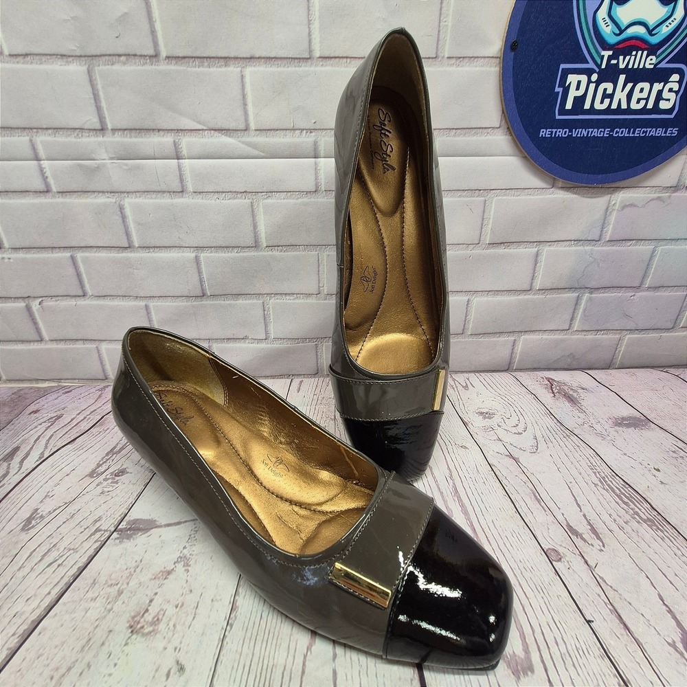 Soft Style Hush Puppies Womens 12M Grey Black Patent Wedge Pumps Square Toe